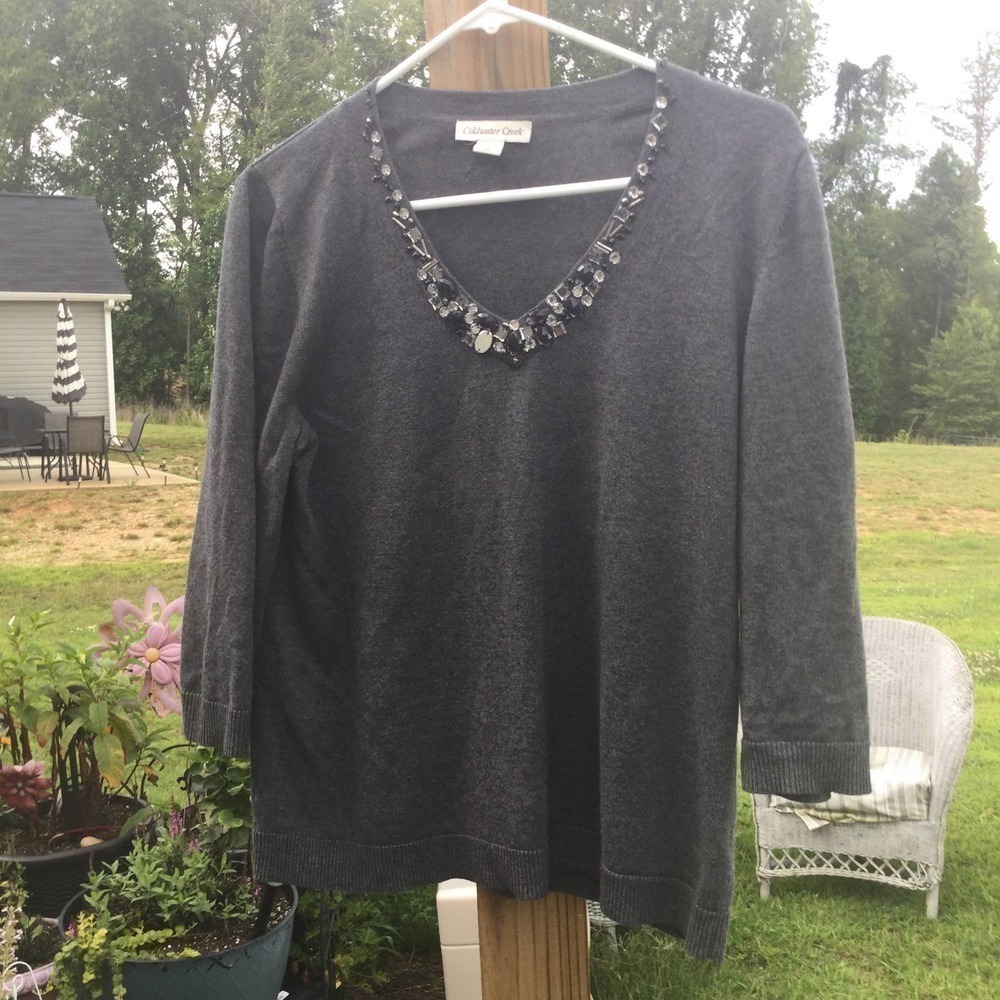 Coldwater creek womens beaded sweater L grey embellished rhinestone fairy y2k